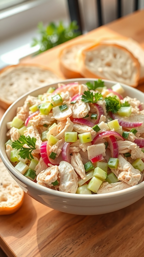 A vibrant bowl of rotisserie chicken salad with celery and red onion, garnished with parsley and accompanied by bread.